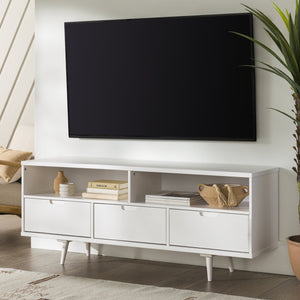 English Elm Walker Edison - Mid-Century Solid Pine 3-Drawer TV Stand for TVs up to 65" — White, Warp-Resistant MDF, Storage Bliss B185P169380
