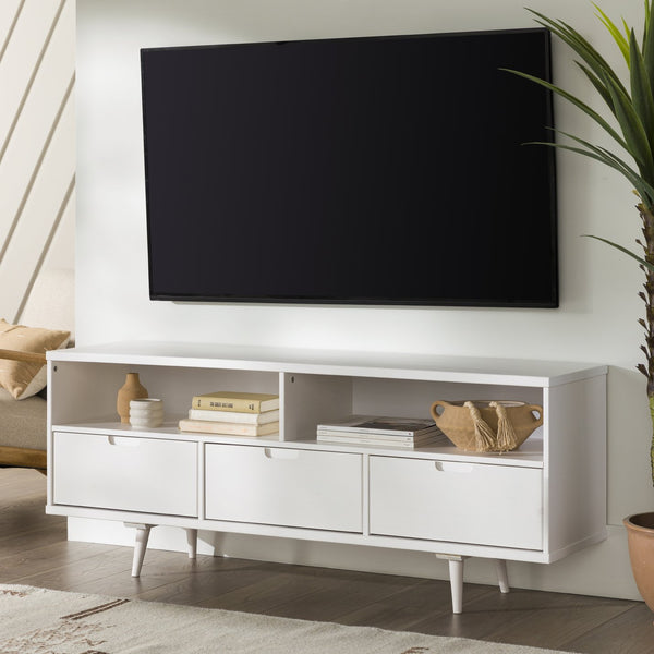 English Elm Walker Edison - Mid-Century Solid Pine 3-Drawer TV Stand for TVs up to 65" — White, Warp-Resistant MDF, Storage Bliss B185P169380
