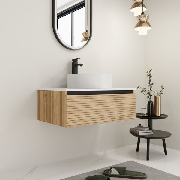 English Elm 30'' Floating Bathroom Vanity with Ceramic Vessel Sink and Soft Close Drawer W999S00359