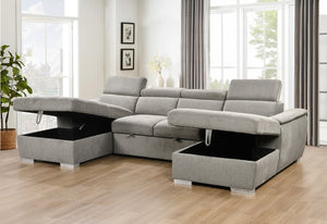 English Elm U U Shaped Sleeper Sofa with Pull-Out Bed and Hidden Chaise Storage, Plush Corduroy Comfort Light Gray W1417S00082