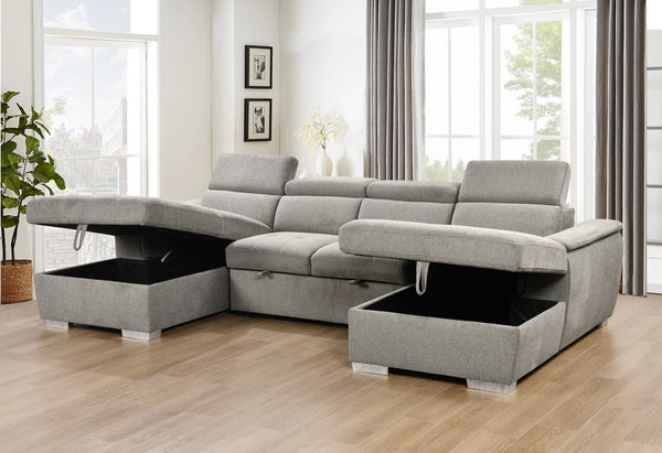 English Elm U U Shaped Sleeper Sofa with Pull-Out Bed and Hidden Chaise Storage, Plush Corduroy Comfort Light Gray W1417S00082