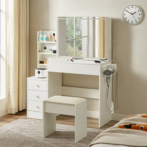 English Elm Vanity LED mirror vanity with 3-mode dimmable lights, power & USB ports, hairdryer holder, stool W1668P197385