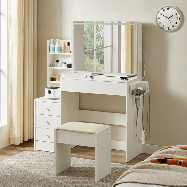 English Elm Vanity LED mirror vanity with 3-mode dimmable lights, power & USB ports, hairdryer holder, stool W1668P197385