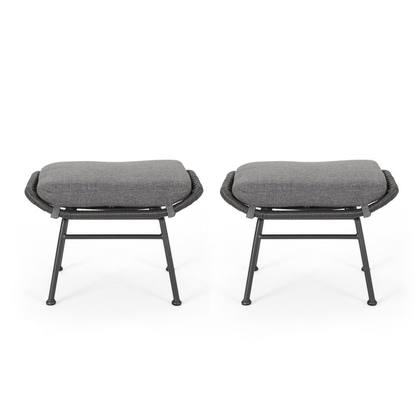 English Elm Christopher Knight Home® - Montana Faux Rattan Outdoor Ottoman Set of 2 with Water-Resistant Gray Cushions, Steel Frame Durable 65045.00GRY