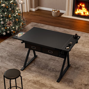 English Elm adjustable drafting table with tilting MDF top, 2 large fabric drawers, adjustable height stool included Black W347P392774