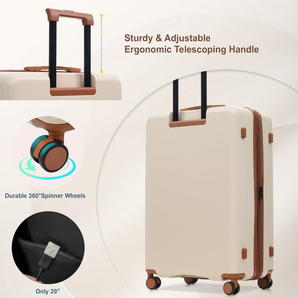English Elm Luggage 5 Piece Hardside Abs Set with Front Access Carry on and Tsa Spinner Wheels Brown+White N732P391544K