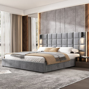 English Elm King Velvet Platform Bed Wide Padded Headboard Integrated Sconces and Usb Charging N757K200132G-1
