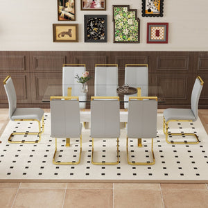 English Elm Table Elegance: 71"X35.4" Clear Glass Dining Set With 8 Light Gray Pu Chairs & Golden Legs W1151S02366-GIGA