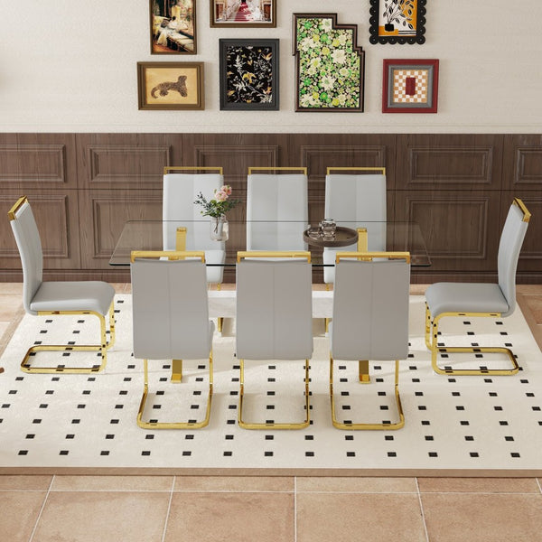 English Elm Table Elegance: 71"X35.4" Clear Glass Dining Set With 8 Light Gray Pu Chairs & Golden Legs W1151S02366-GIGA