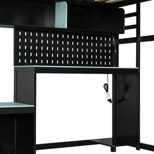 English Elm Full Size Gaming Loft Bed with Built-in Desk Led Lighting Usb Ports and Pegboard Black+Blue LT000270AAC