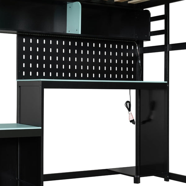 English Elm Full Size Gaming Loft Bed with Built-in Desk Led Lighting Usb Ports and Pegboard Black+Blue LT000270AAC