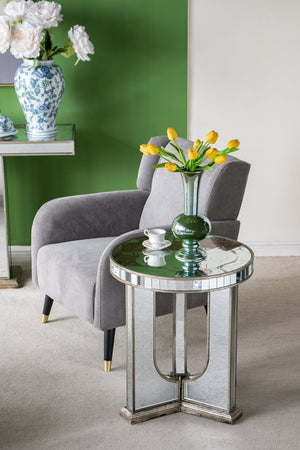 English Elm 21.5x21.5x25" Round Side Table with Floral Motif, Mirrored Silver Accent, Elegant Versatile Accent Piece W2078P248215