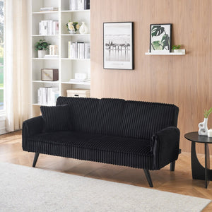 English Elm Minimalist Corduroy Reclining Sofa with Convertible Flat Sleeper and Cup Holder Black W3356P421777
