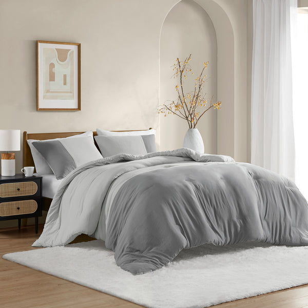JLA Home Comfort Spaces - Soft Washed Color Block Comforter Set with Silky Pre-Washed Finish, Oeko-Tex Certified Midweight Warmth Grey AM10-0179