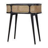 Modern Solid Wood Tray Table with Hand-Woven Rattan Top, Ash Black Finish - 31.50 x 13.78 x 33.86