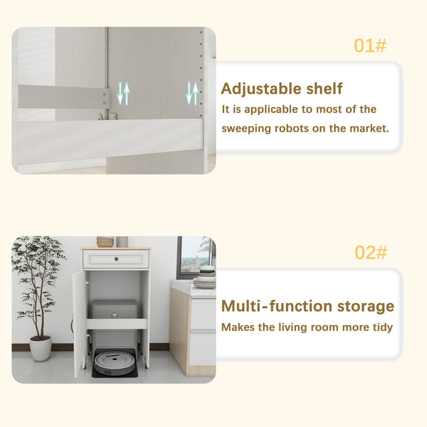 English Elm Robot Vacuum Stand Cabinet with Wheels Antique White — Storage Rack with Doors, Drawers & Side Table W282P296230