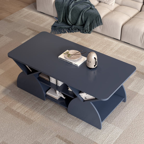 English Elm Engineered rounded corner rectangular coffee table with 6 cubbies, spacious tabletop, durable melamine finish Blue W2899P372761