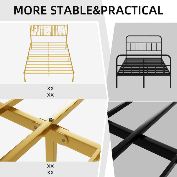 English Elm Queen Upholstered Platform Bed Frame with Wooden Slats, Padded Headboard, Sturdy 800lb Support Gold W2992P233431