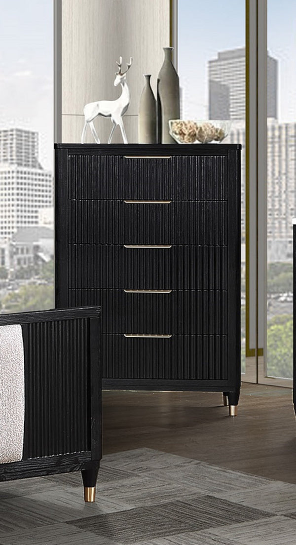 English Elm 1pc Contemporary 5-Drawer Tall Chest with Metal Knobs, Sleek Modern Finish for Stylish Bedroom Storage Black 39 L x 21.3 W x 54 H B011P240207