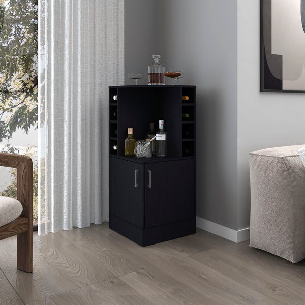 English Elm FM Corner Bar Cabinet with 8-Bottle Rack, Open Display Shelves and Hidden Storage for Home Entertaining Black 47.2 L x 23.2 W x 4.7 H B128P269881