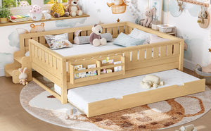 English Elm Queen Bunk Bed with Trundle Solid Pine Kids Car Themed Frame Built-in Bookshelf Light Natural W1580S00563