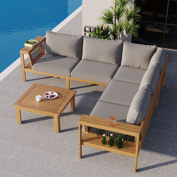 English Elm <old Old Sku Acacia Wood L-shaped Patio Sectional with Woven Rope Armrests Resort Cushioned Set Gray,Natural N704F201249E