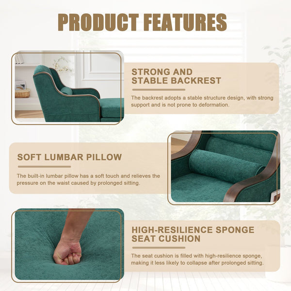 English Elm UNITED Oversized Chaise Lounge Sofa Bed with Solid Wood Arms, High-Resilience Foam, 800lb Capacity and Storage Pockets Emerald W1568S00207