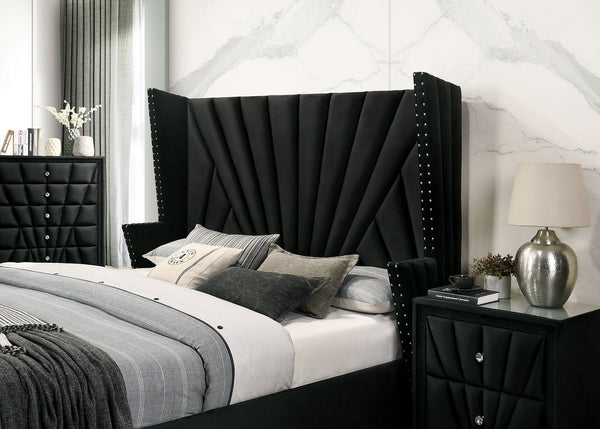English Elm Bedroom Wooden Queen Bed with High Panel Headboard, Gold Trim Accent, Modern Luxury Design Black 84 L x 40.5 W x 3.3 H B2741S00113