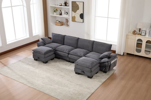 English Elm Sectional Modular Cloud Sofa Deep Corduroy Upholstered Comfort for Living Room Studio Dark Gray W395S00136