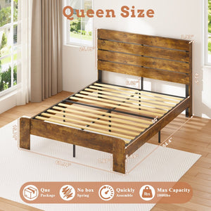 English Elm Queen Metal Bed Frame with Led Headboard Charging Station and Under Storage Rustic W1550P366933