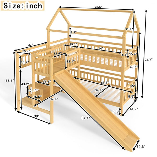 English Elm Full Bunk Bed with Trundle Bookshelf Storage Pine Frame Car Design for Kids W1580S00301