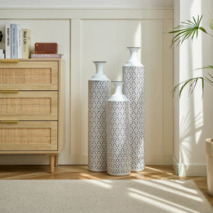 English Elm Floor Metal Vases Set of 3 White & Black Glazed Metal Cylinder Vases Tall Textured Gold Accent Decor W2796P278066