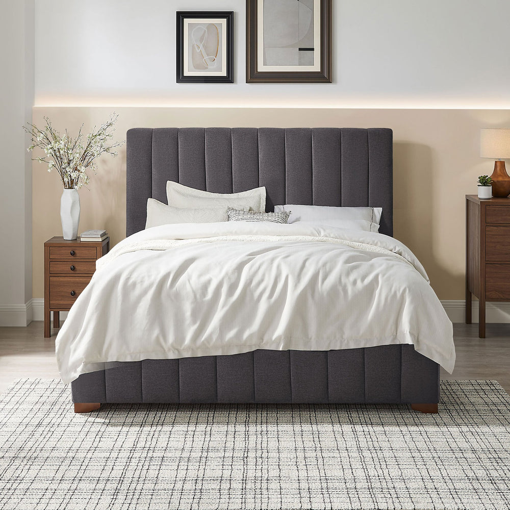 English Elm Queen Upholstered Platform Bed Frame with Padded Fabric Headboard, Rubber Plywood Slats, Dark Grey Finish W2582S00055