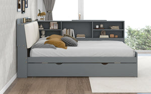 English Elm Wood Full Size platform bed with trundle, built-in storage headboard and shelves, sturdy pine frame Gray GX002055AAE