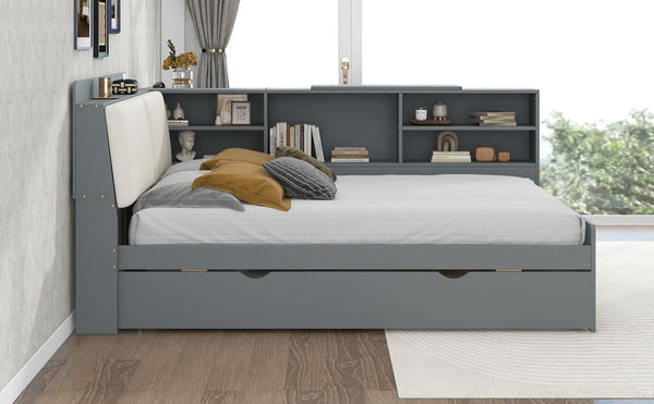 English Elm Wood Full Size platform bed with trundle, built-in storage headboard and shelves, sturdy pine frame Gray GX002055AAE