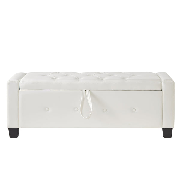 English Elm 48" Storage Ottoman Bench with Tufted Faux Leather Upholstery, Solid Wood Frame & 300lb Capacity Ivory White W1097P338779