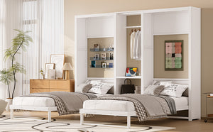 English Elm Twin Twin Murphy Bed with Metal Frame, Foldable 2-in-1 Space-Saving Design, Built-In Wardrobe, Shelves, Power Outlets and Durable Storage Solution White W1580S00287