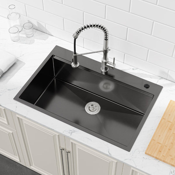 English Elm Stainless Steel Handmade Black Single Bowl Kitchen Sink with Cutting Board and Colander T3177P296187