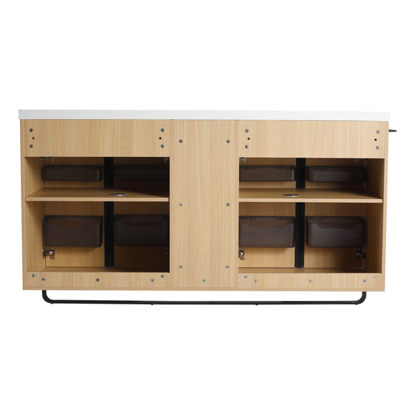 English Elm 60" Freestanding Bathroom Vanity with Dual Resin Sink, 4 Soft-Close Doors, 3 Open Shelves & Towel Hanger, Plywood Storage Boxes, Modern Durable Hardware W999S00480