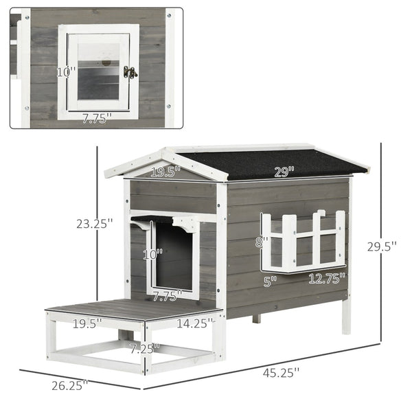 English Elm Pawhut Solid Wood Outdoor Cat House Two Story Shelter with Balcony Asphalt Roof W2225P173762