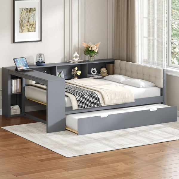 English Elm Wood Twin Platform Bed Linen Headboard Storage Shelves Trundle Charging Station Gray N709P004024E