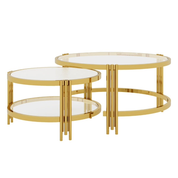 English Elm Modern Nesting Coffee Table Set Textured Tempered Glass Gold Tripod Base Living Room N735P354005A