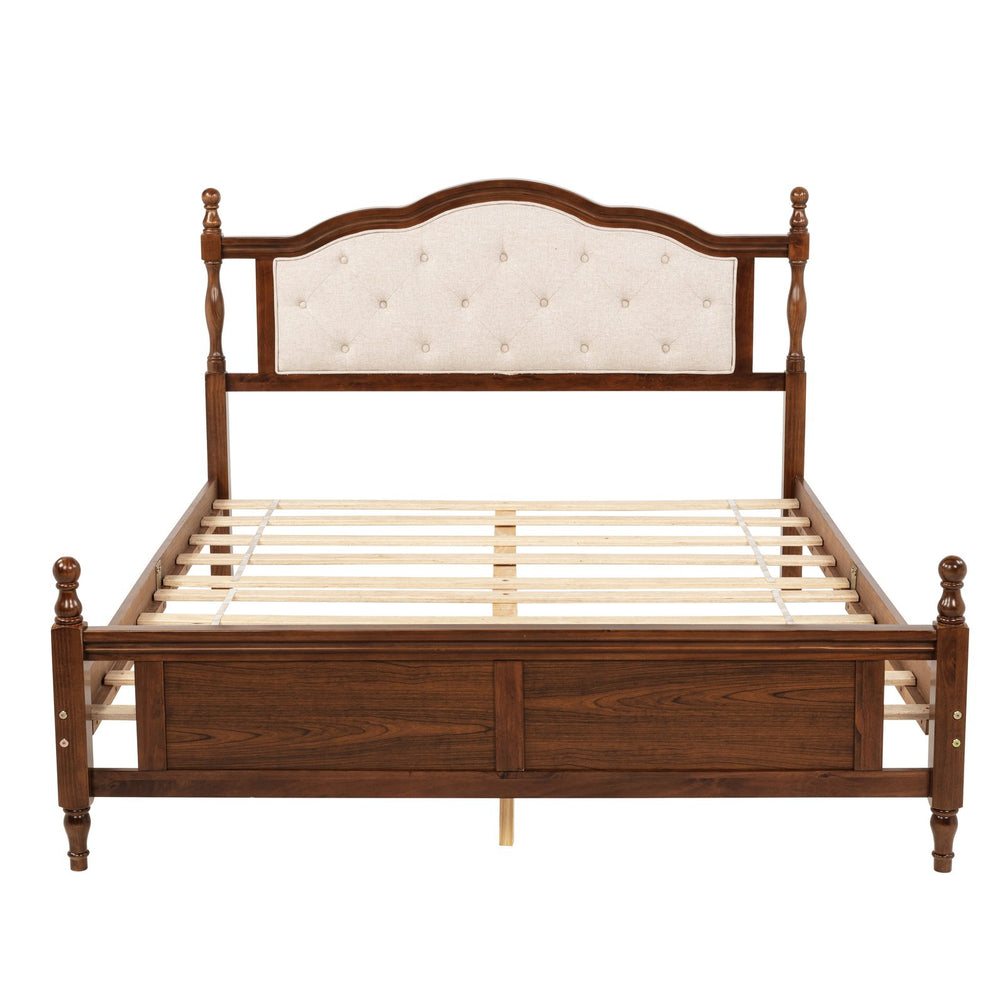 English Elm Queen Pine Upholstered Headboard Bed in Walnut — Modern Minimalist Queen Platform with Dual Support Feet, Space-Saving Design W504P268435