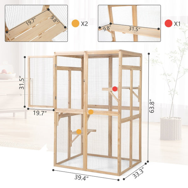 English Elm Wooden Pine Outdoor Cat Enclosure with Platforms Hammock and Uv Resistant Roof W2181P191345