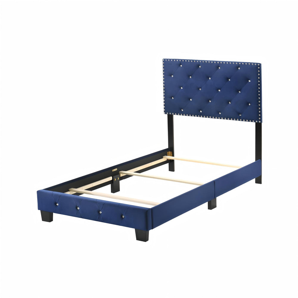 English Elm Stylish Velvet King Bed Frame with Plush Upholstery, Durable Construction, Easy Assembly, Transitional Appeal Navy Blue 24.6 L x 44 W x 5.5 H B078108021