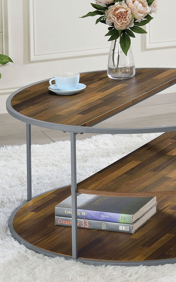 English Elm Industrial Orrin Coffee Table 35.4" Dia x 18" H — Industrial Half-Shelf Design, Gray Walnut Veneer, Powder-Coated Frame, Modern Display-Friendly Style B2741P359589