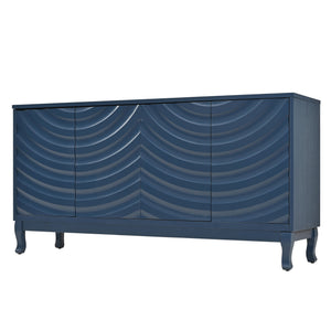 English Elm Elegant Navy Blue Sideboard, 4-Door Storage Cabinet with Arched Groove Wavy Doors, Adjustable Shelves W2696P245317
