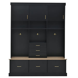 English Elm U-Can Multifunctional 75" Hall Tree with Bench, 3 Cabinets, 6 Drawers, Shelves & Anti-Tip Design Black SJ000152AAB