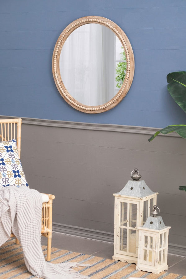 English Elm D30" Lowley Round Beaded Wood Frame Wall Mirror Bohemian Rustic Accent Decor W2078P296026