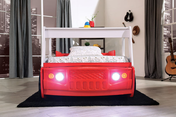 English Elm Twin Fire Truck Bed for Kids with Molded Fascia, Siren Accent, Stationary Wheels & Slat Kit Durable Finish Red 84 L x 20 W x 3 H B2741S00499